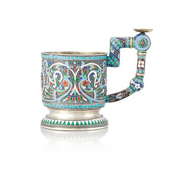 234. A Russian 19th Century silver-gilt and enamel tea-glass holder, unidentified makers mark, Moscow before 1899.