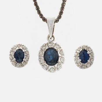 Pendant and a pair of earrings, white gold with sapphires and brilliant-cut diamonds.
