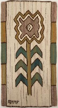 Märta Måås-Fjetterström, tapestry 'Liljan ur sländorna"' flat weave, c. 48.5 x 26 cm, signed AB MMF.