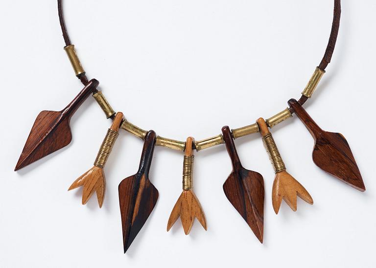 Vivianna Torun Bülow-Hübe, a leather necklace with brass and carved wooden details, Stockholm ca 1948.