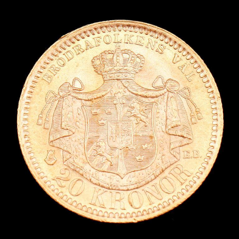 GULDMYNT, 20 kr, Oscar II, 1878. Vikt ca 9 gr.