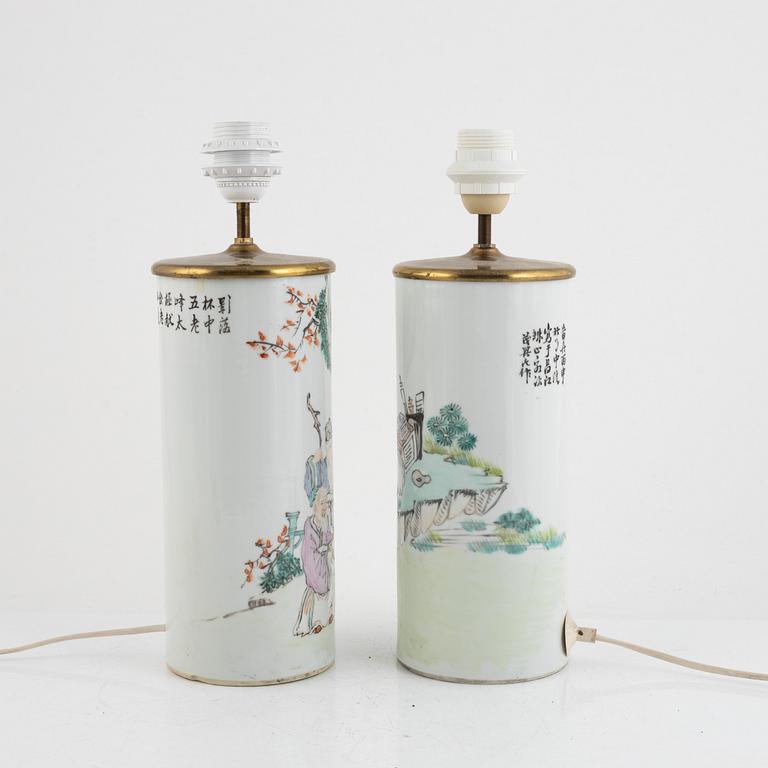 Brush pots converted to table lamps, China, circa 1900.