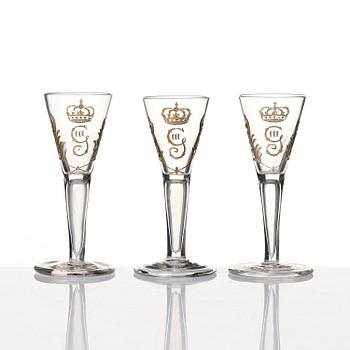 A set of six glasses and a bottle, Sweden, 18th century with King Gustavus IIIs monogram.