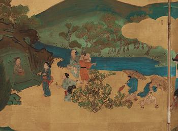 A Japanese six fold screen, Meiji period (1868-1912).