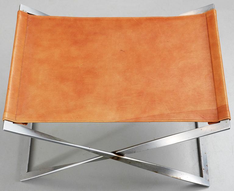 A Poul Kjaerholm 'PK-91' steel and brown leather stool, Fritz Hansen, Denmark.