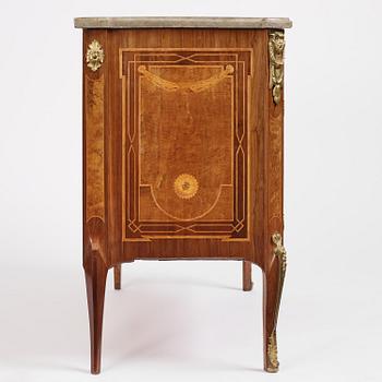 A Gustavian marquetry, ormolu-mounted and limestone-top commode by Georg Haupt (master in Stockholm 1770-84).