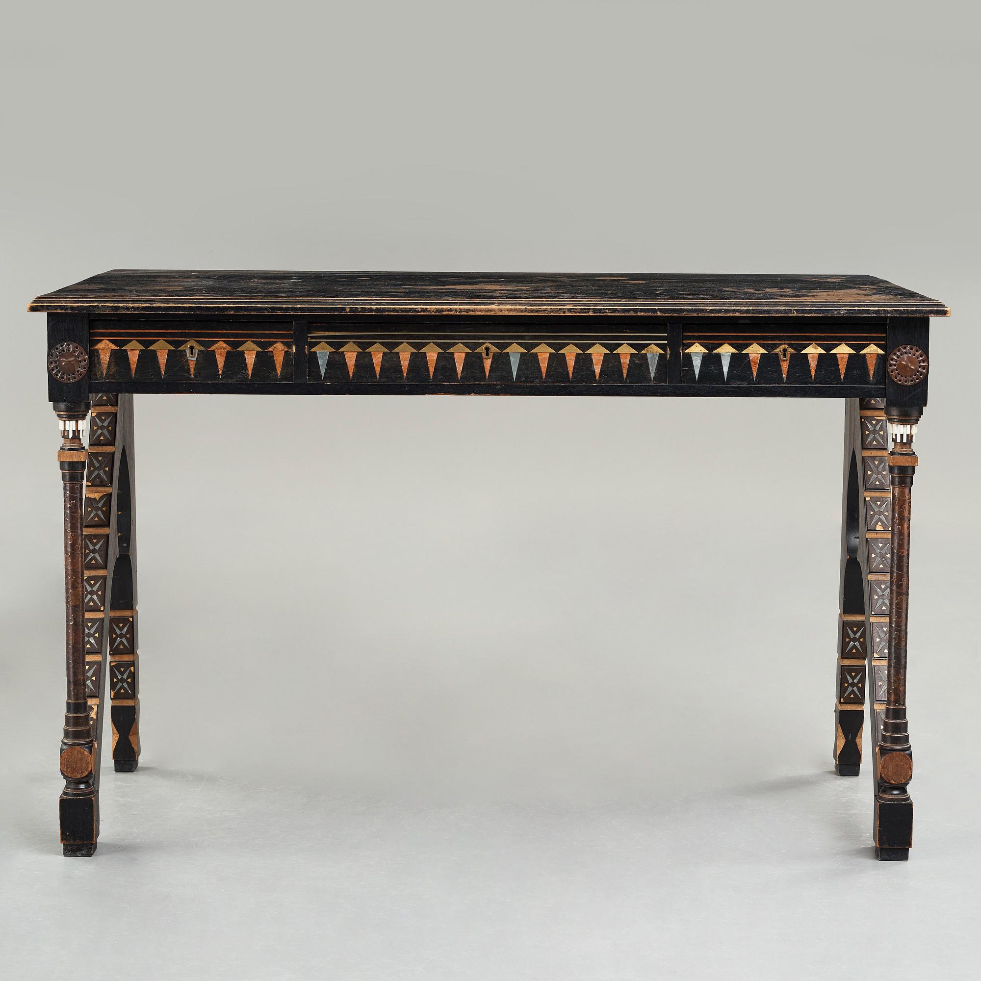 Carlo Bugatti, attributed to, an ebonized wood and walnut desk, Turin, Italy ca 1900.