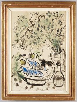 Marc Chagall, Stilleben med blommor och fiskar.