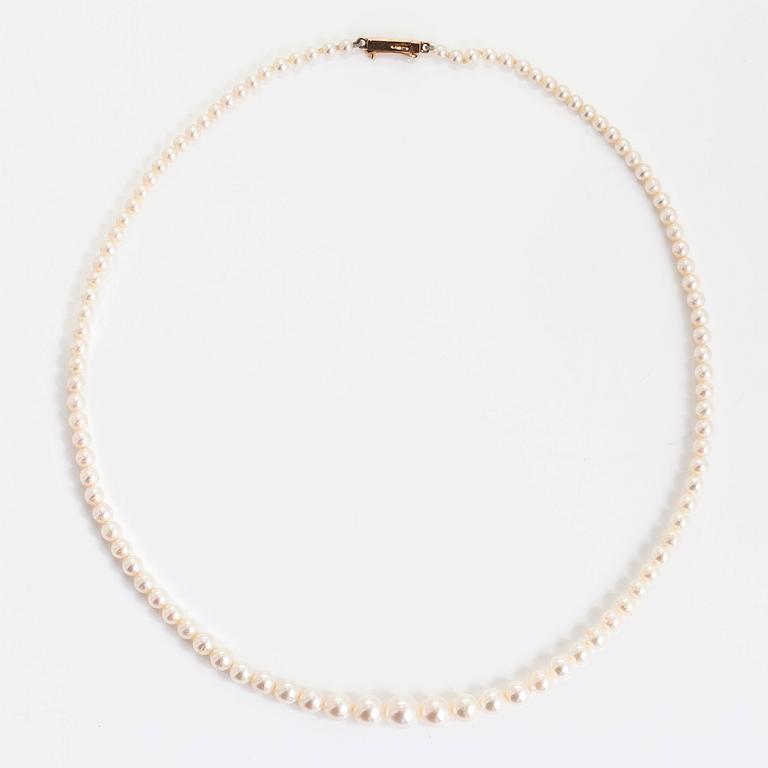 A graduated cultured pearl necklace, clasp in 14K gold.