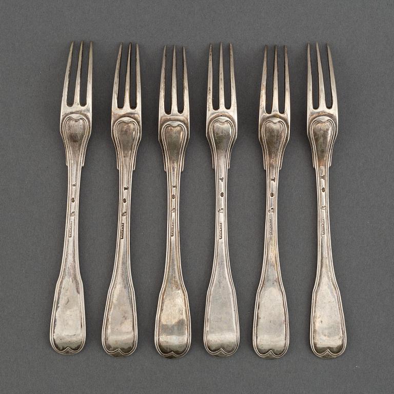 6 swedish silver dessert forks, mark of  Jacob Lampa, Stockholm 1777.