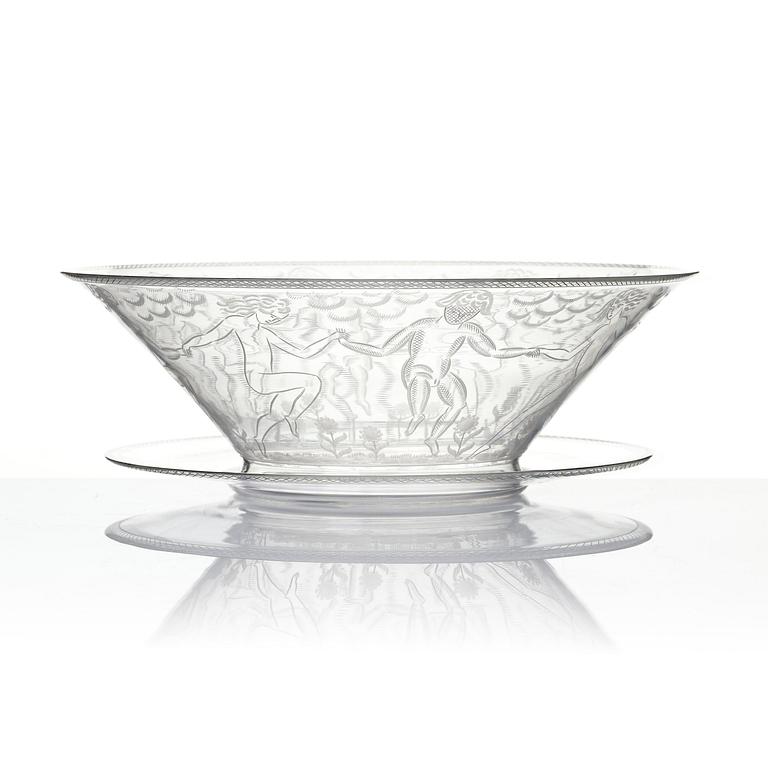Edward Hald, an engraved glass bowl with plate, Orrefors, Sweden, 1926, model 305, engraved by Emil Goldmann.
