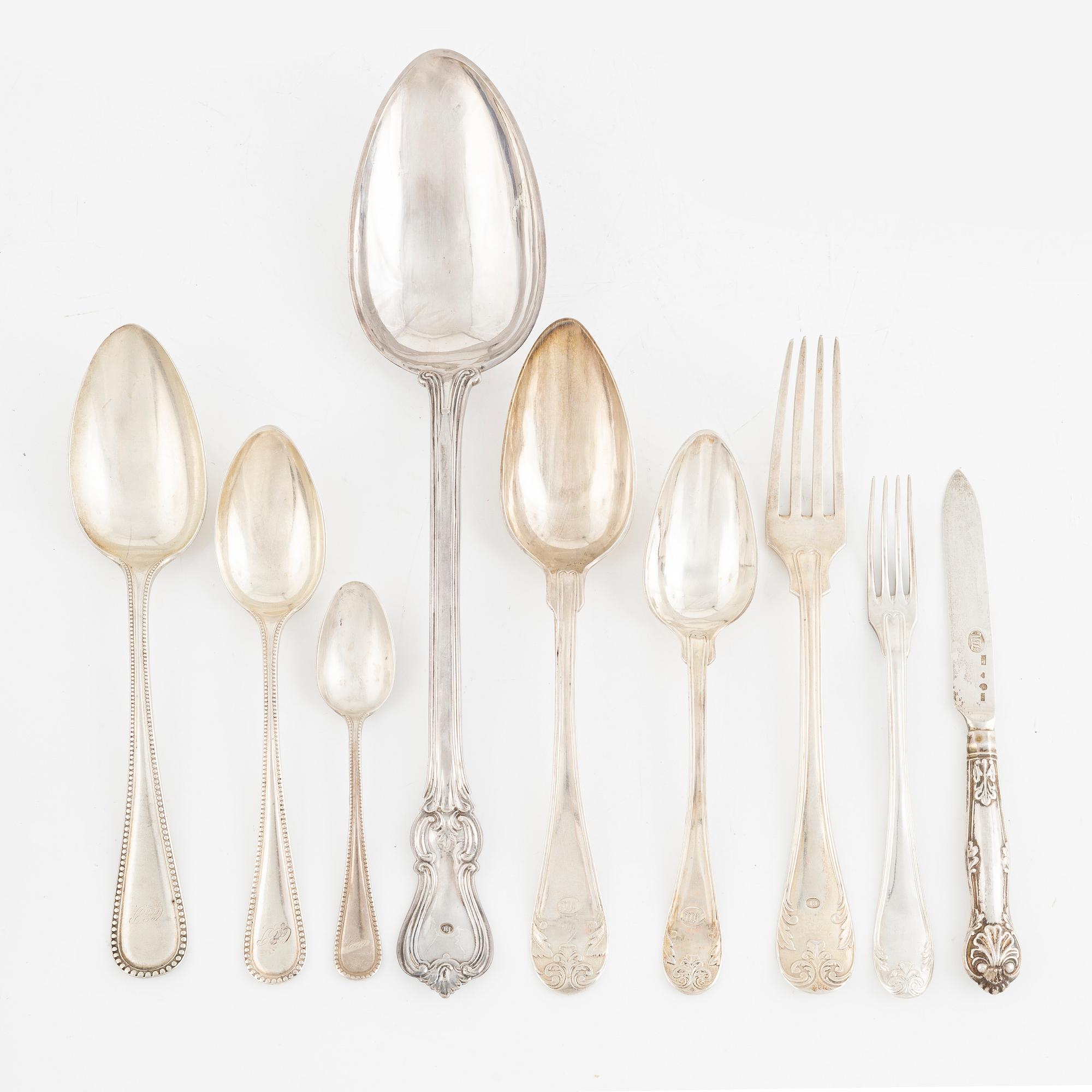 Parti bestick, 47 delar, silver, svenska mästare, Stockholm, Göteborg och Norrköping, 1806-1905.
