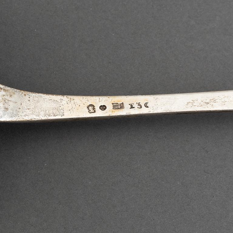 A Swedish 19th century silver soupe-laddle, marked Gustaf Bergendorff, Karlskrona 1811.