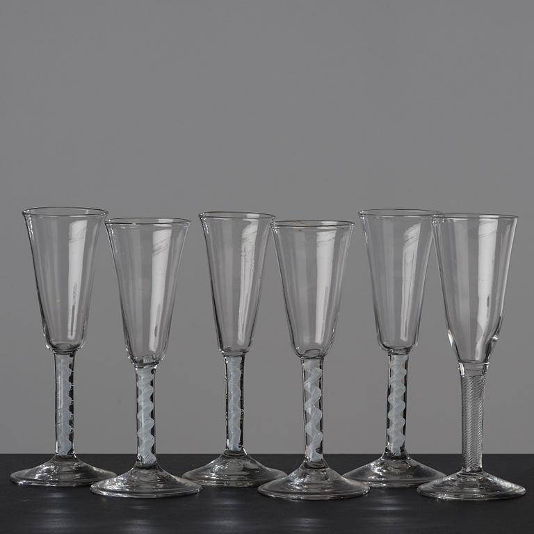 A matched set of six champagne flutes, England, 18th Century.