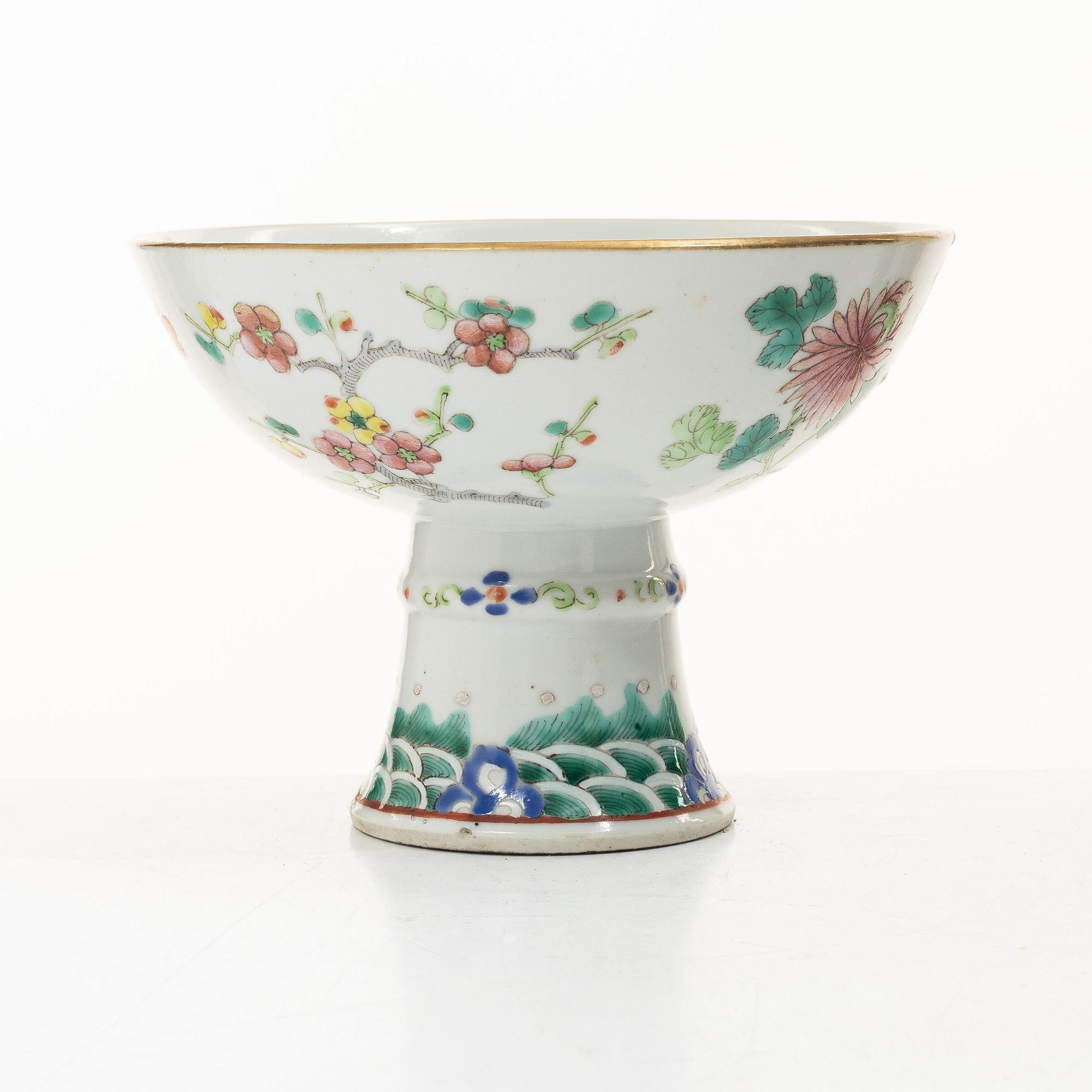 A pair of paintings on stone made in to wall scones and a stemcup, Qing dynasty, 19th century.