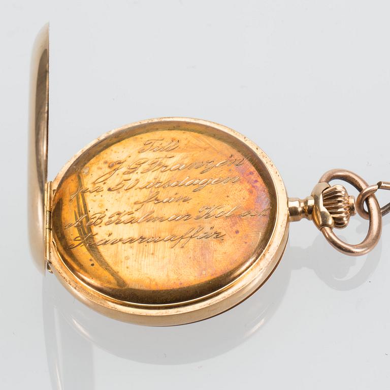 FICKUR, 18 K guld, Seeland, ca 1920-tal. Tillhörande kedja i gulddoublé. Fickurets vikt ca 106 g.
