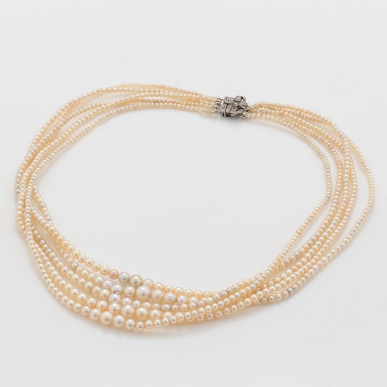 A 5-strand natural saltwater pearl necklace (one pearl cultured) Clasp with diamonds. Certificate from GCS.
