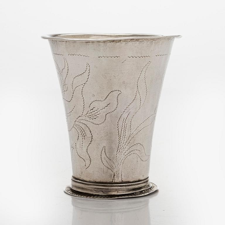 An 18th-century parcel-gilt beaker, maker's mark of Ferdinand Sehl the younger, active in Stockholm 1723-1743.
