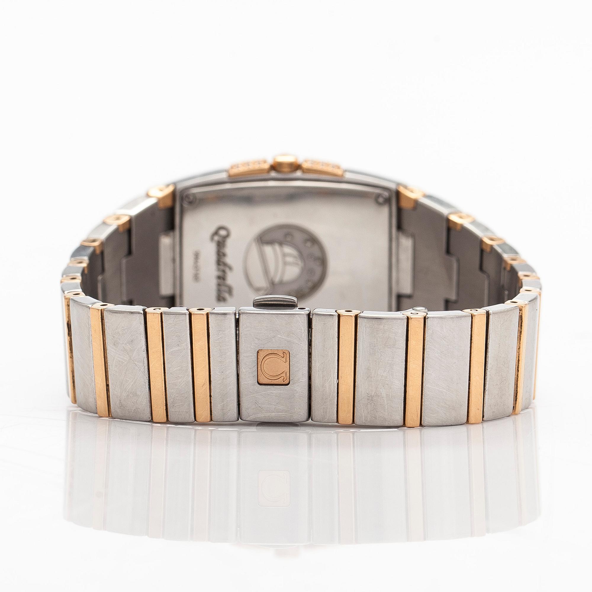 Omega, Quadrella, "Diamond-set mother-of-pearl dial", rannekello, 25 x 32,5 mm.