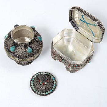 A group of five silver boxes with covers, South East Asia, 20th century.