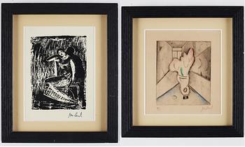 John Jon-And, etching and a linolium cut, signed.