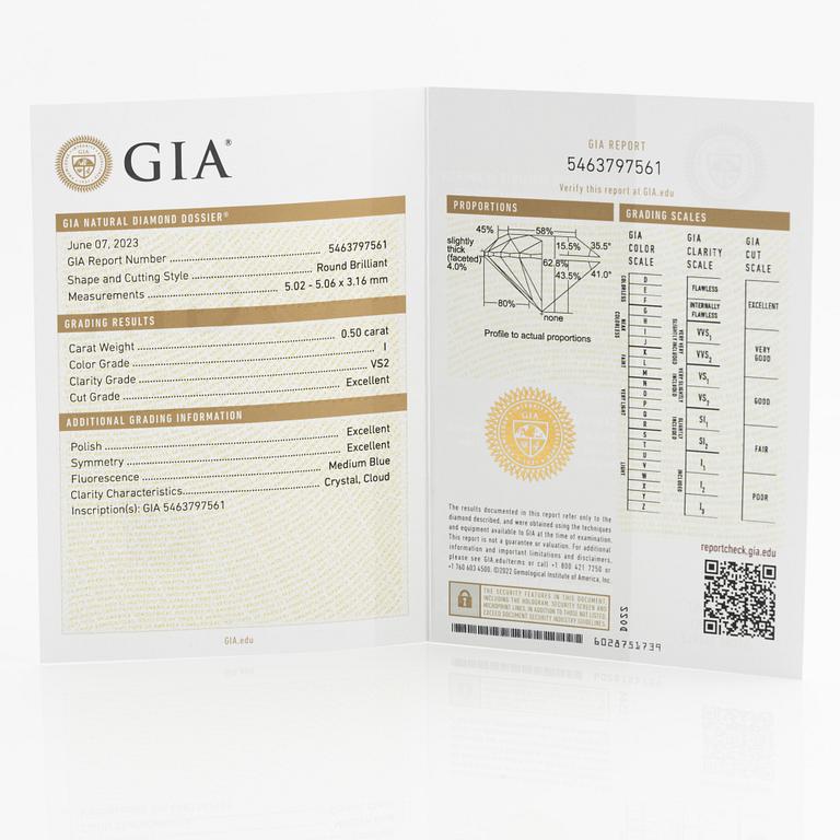 Briljantslipad diamant, 0.50 ct, "triple x". Medföljande GIA dossier.