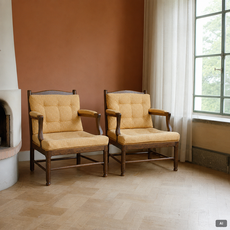 Karmstolar, ett par, s.k. Gripsholmsfåtöljer, 1900-talets andra hälft.