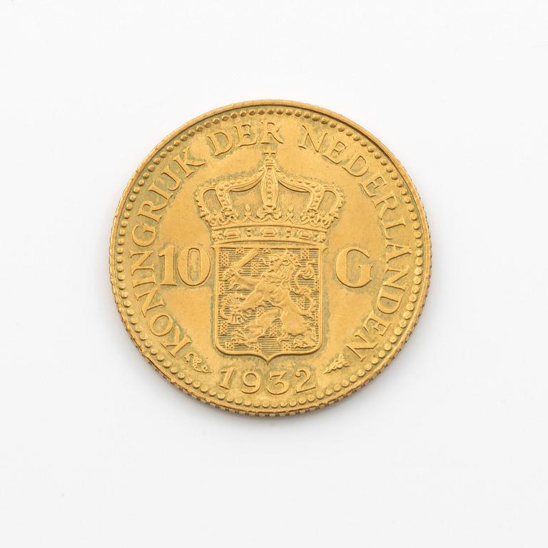 Gold coin, Netherlands, Wilhelmina, 10 Gulden 1932.