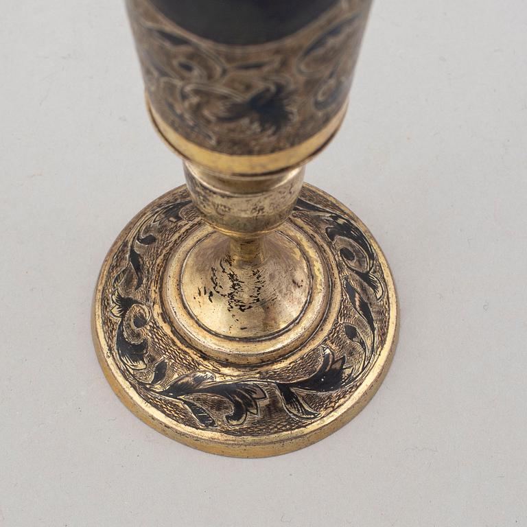 Two similar silver-gilt champagne flutes, unidentified makers mark, Moscow 1843.