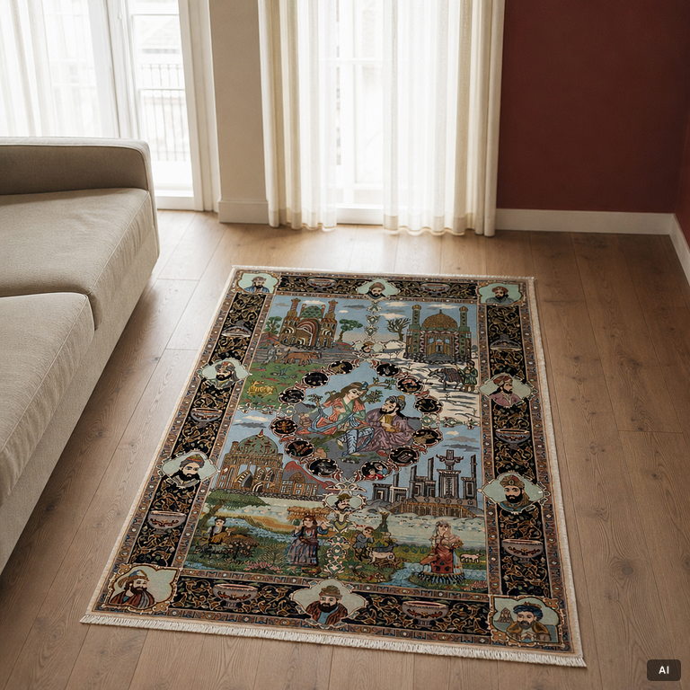 Carpet Tabriz, figural. 'The Four Seasons', approx. 162 x 105 cm.