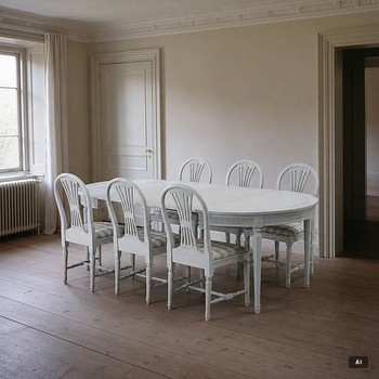 A Gustavian style seven-piece dining suite, mid-20th Century.