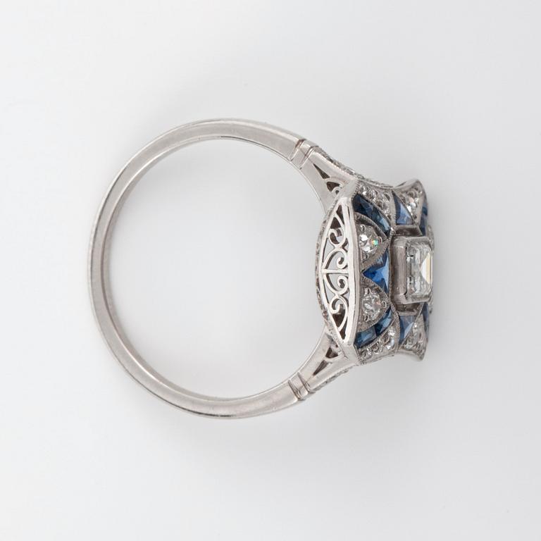 An Art Deco sapphire and diamond, 0.42 ct according to engraving, ring.