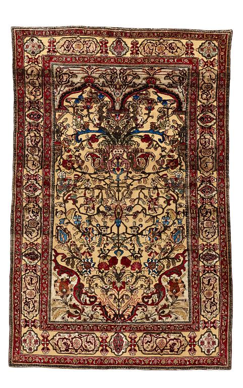 A RUG, a semi-antique silk Kashan relief (souf), ca 202 x 130,5-133 cm.