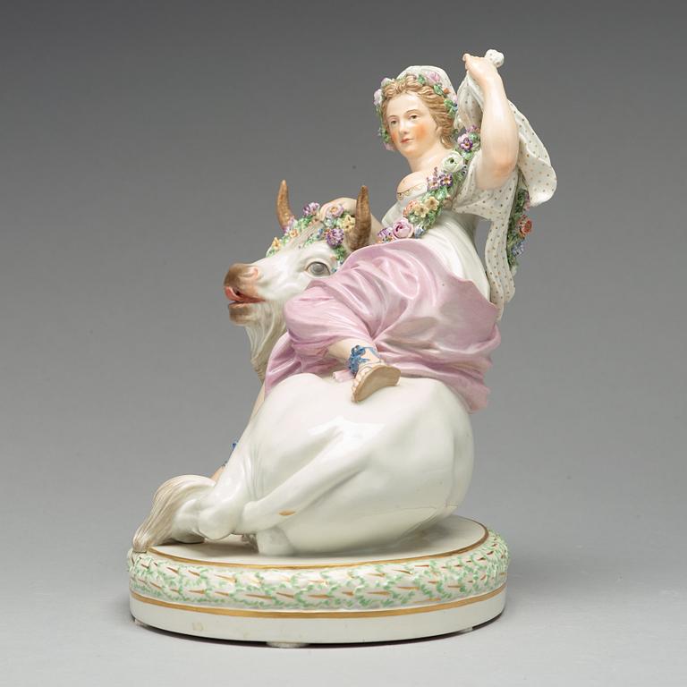 A Royal Copenhagen allegorical porcelain figure representing 'Europe and the Bull'. Denmark, 1920.