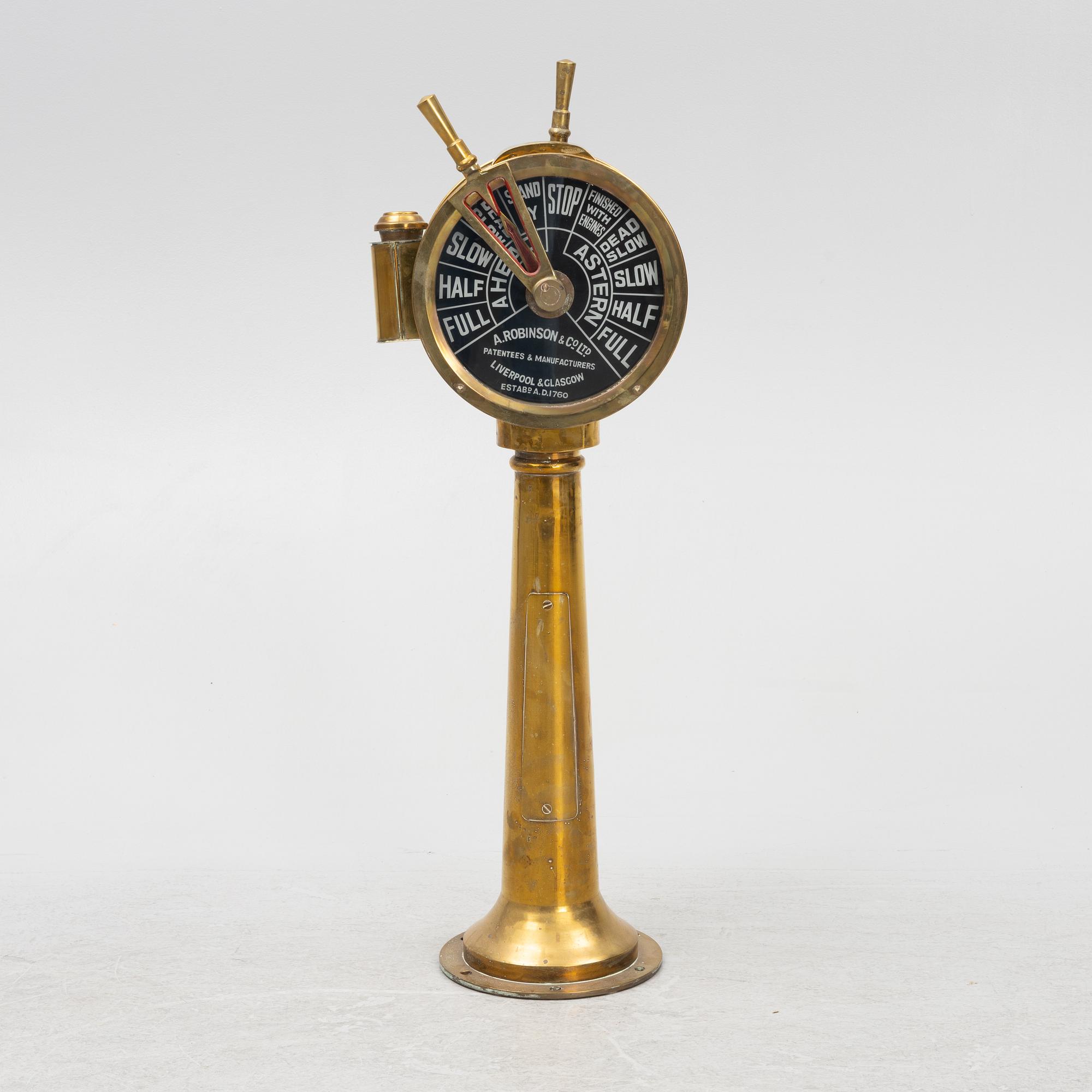 An engine room telegraph, brass, Robinson & Co Ltd Liverpool & Glasgow, first half of the 20th Century.