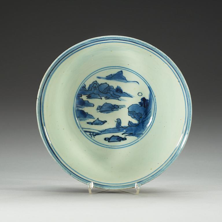 A Transitional blue and white bowl, 17th Century, with Chenghua six character mark.