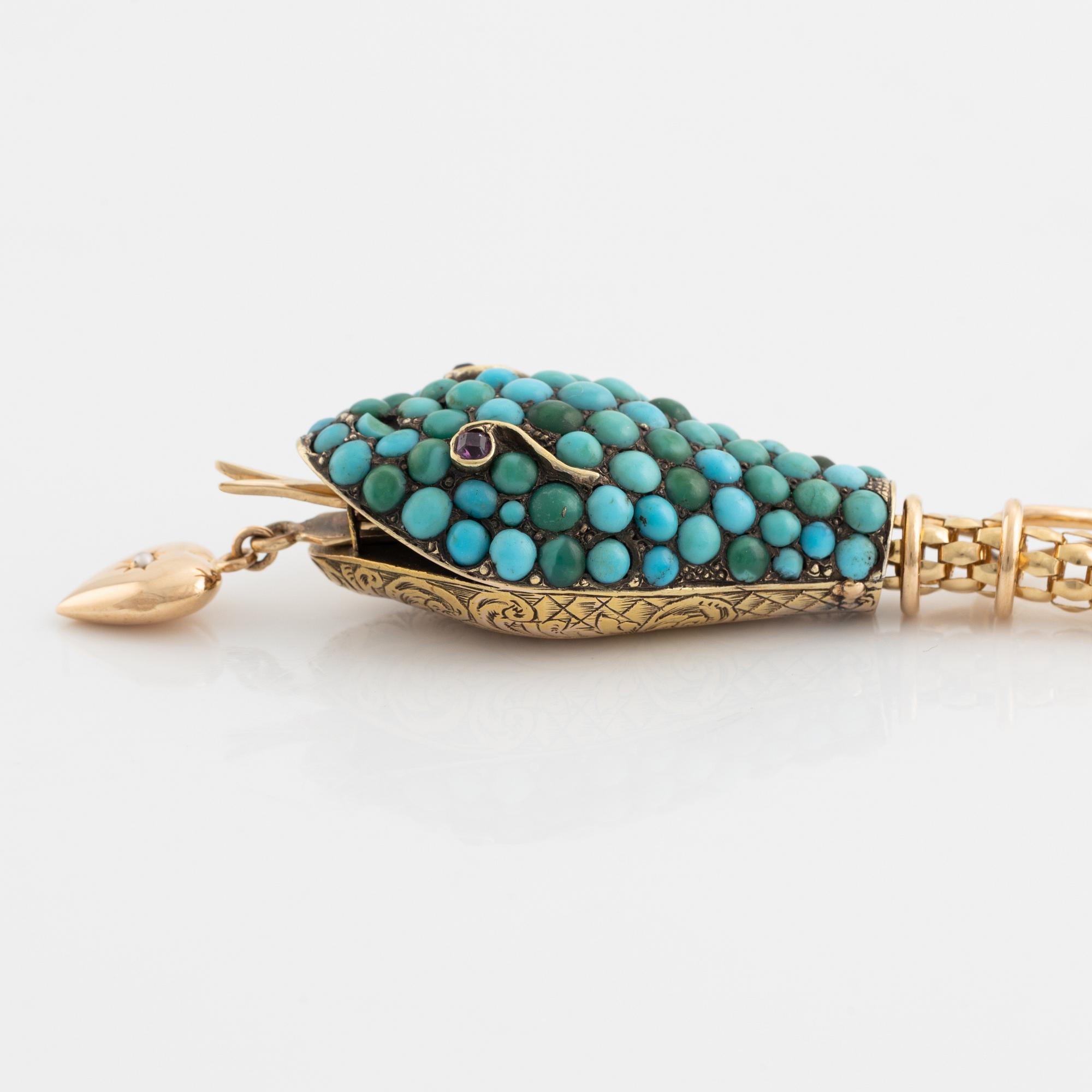 Collier guld i form av orm med turkoser och rubiner.