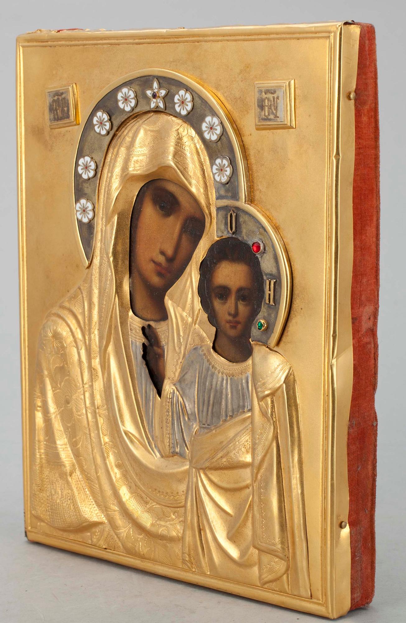 Icon, enamel ornamentation, golden risa, Russia, Moscow, ca 20th Century.