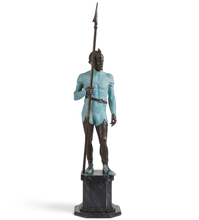 A bronze sculpture of a man in armour, late 19th century.