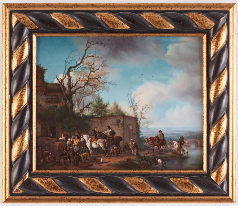 A porcelain placque by anonymous artist after Philip Wouverman, signed in lower left corner.