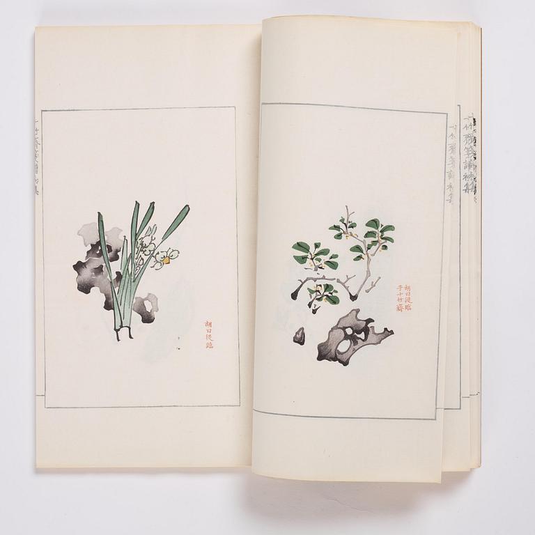 Bok med träsnitt, fyra volymer. "Shi zhu zhai jian pu" av Hu Zhengyan.
