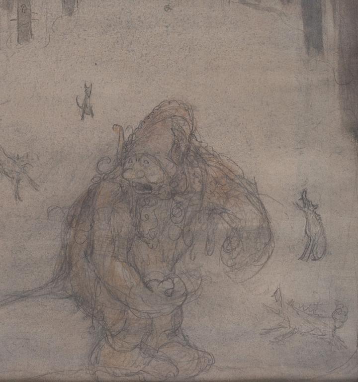 John Bauer, Drawing for "Det var ju rakt omöjligt att stå ut med så'na där skällande tjutande rackare".