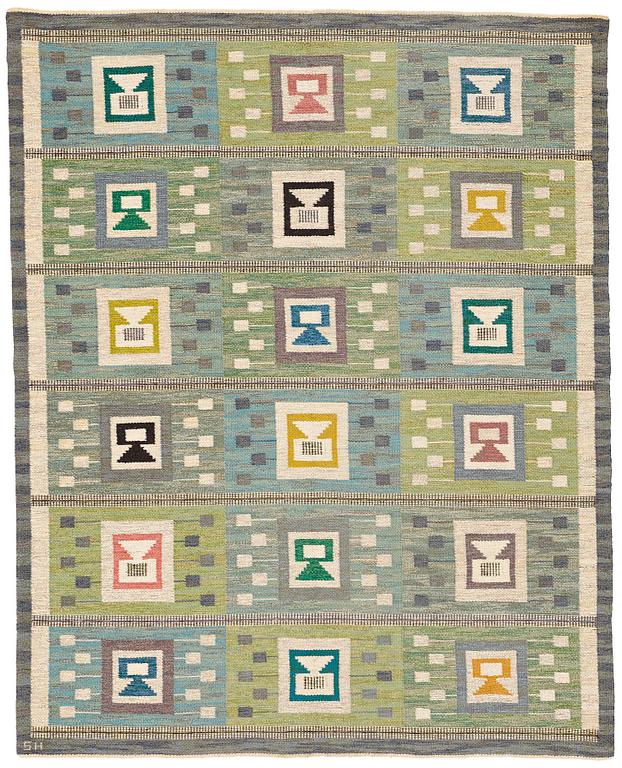 Edna Martin, MATTO, "Flickorna i fönstret", flat weave, ca 252 x 202 cm, signed SH (Svensk Hemslöjd).