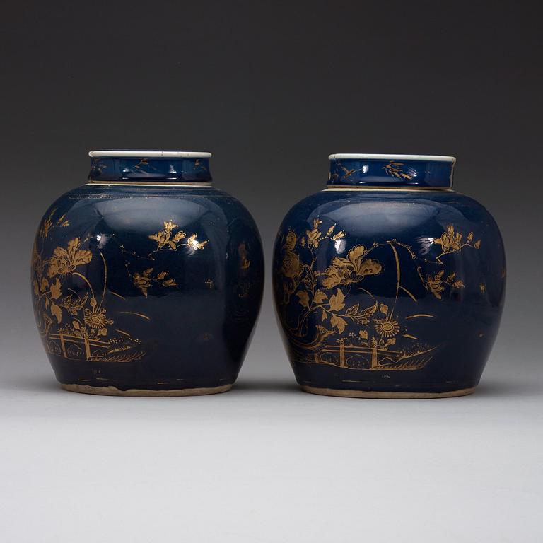 A pair of powder blue jars with covers, Qing dynasty Qianlong 1736-95.