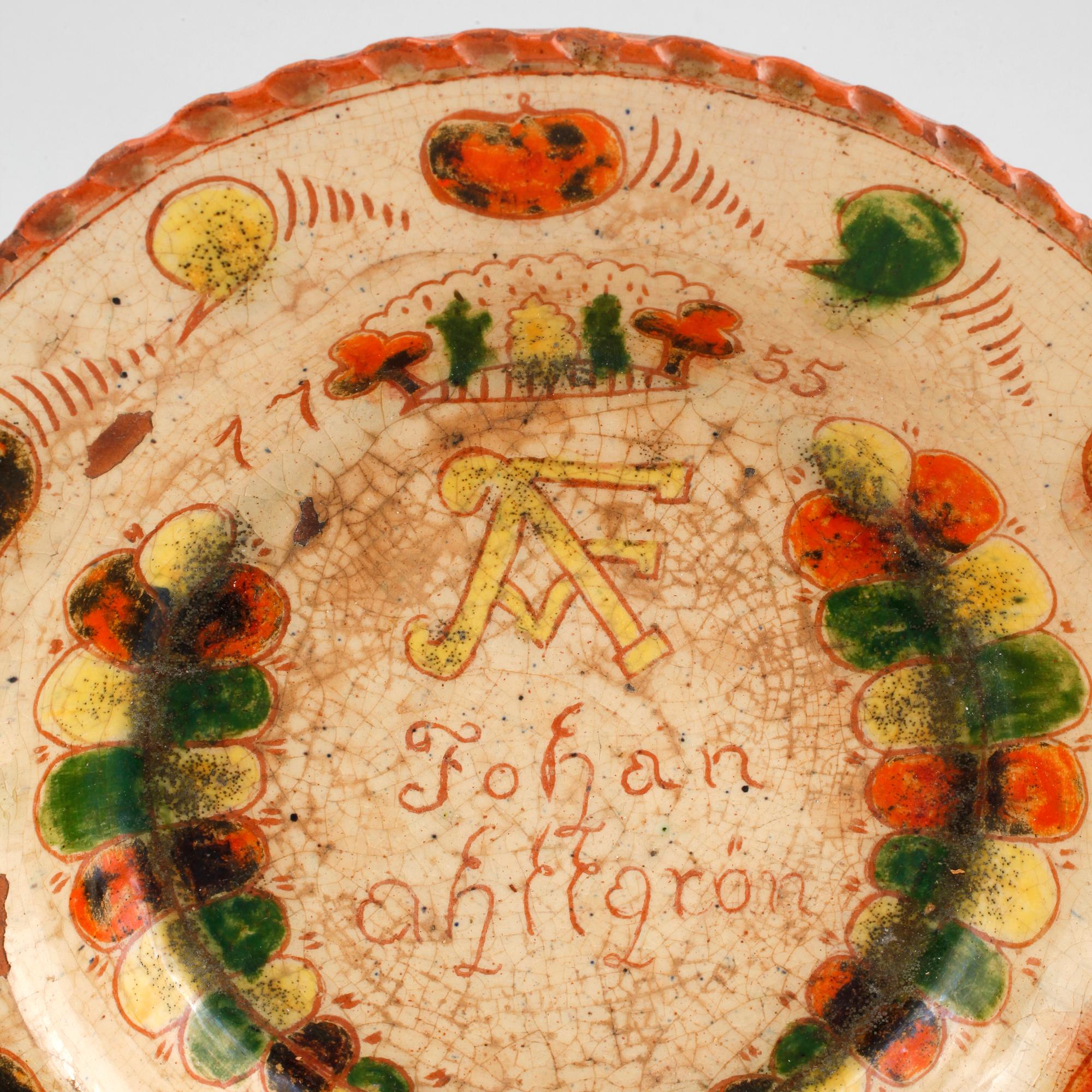 An Swedish ceramic plate, dated 1755.