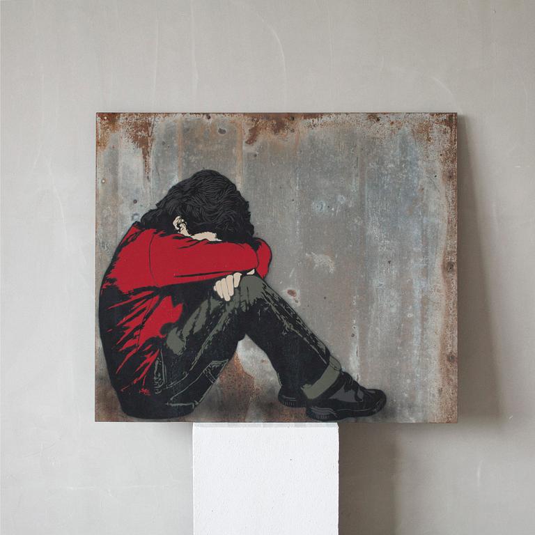 ALIAS, "Hiding", stencil on metal, signed on verso, 2014.