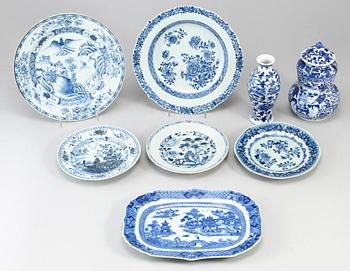 A group of eight blue and white porcelain objects, Qing dynasty, 18th-19th century.