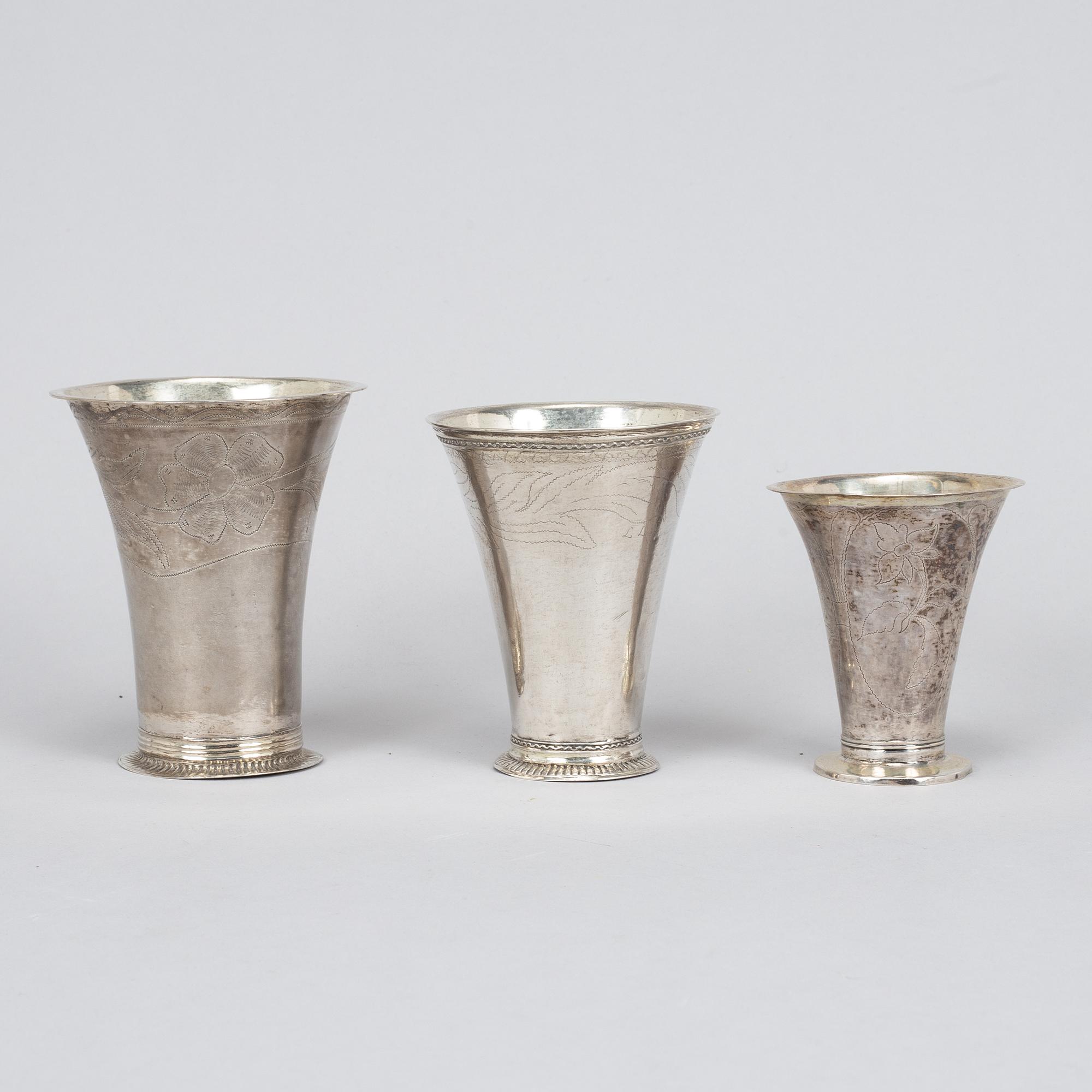 Three swedish silver beakers, including Carl Fahlberg, Uppsala 1765.