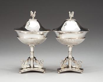A pair of Swedish 19th century silver sugar-bowls, makers mark of Olof Hellbom, Stockholm 1816.