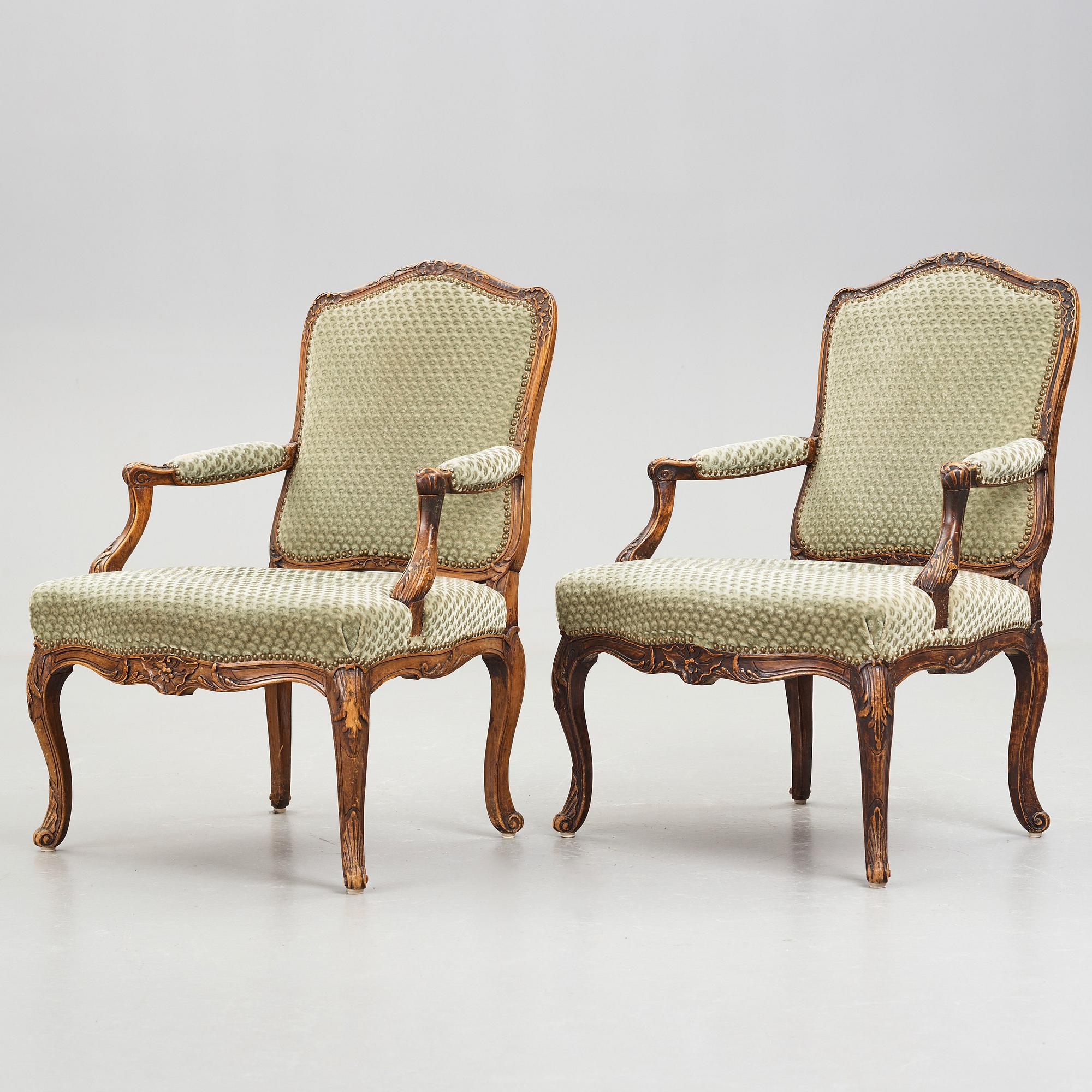 Seven French armchairs (two 18th century and five late 19th century).